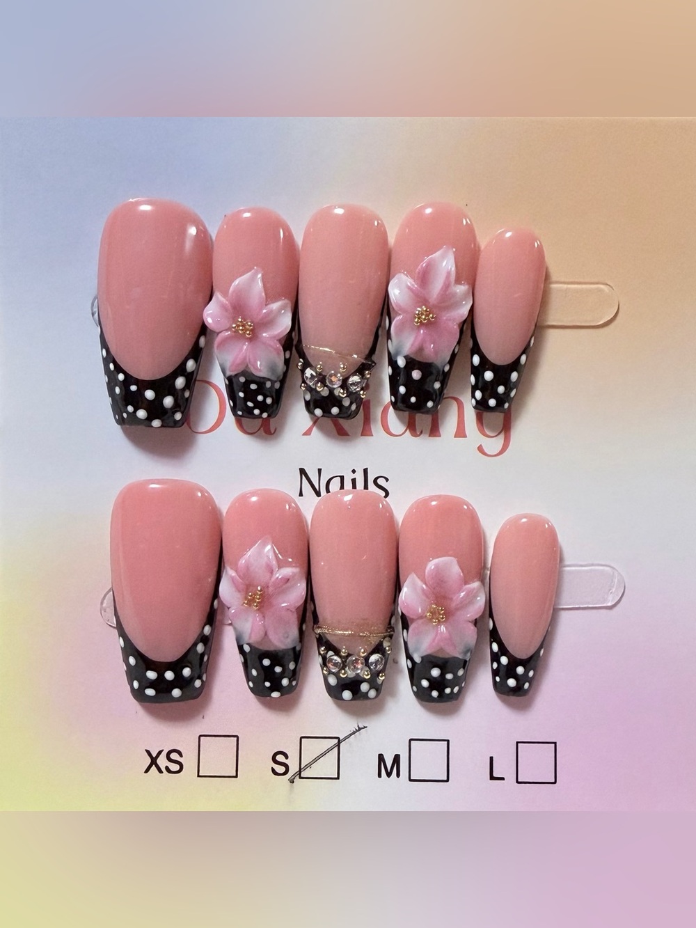 Blush Pink Floral Acrylic Nail Set with Black Polka Dot Tips